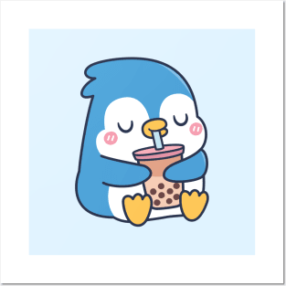 Cute Blue Penguin Drinks Boba Tea Posters and Art